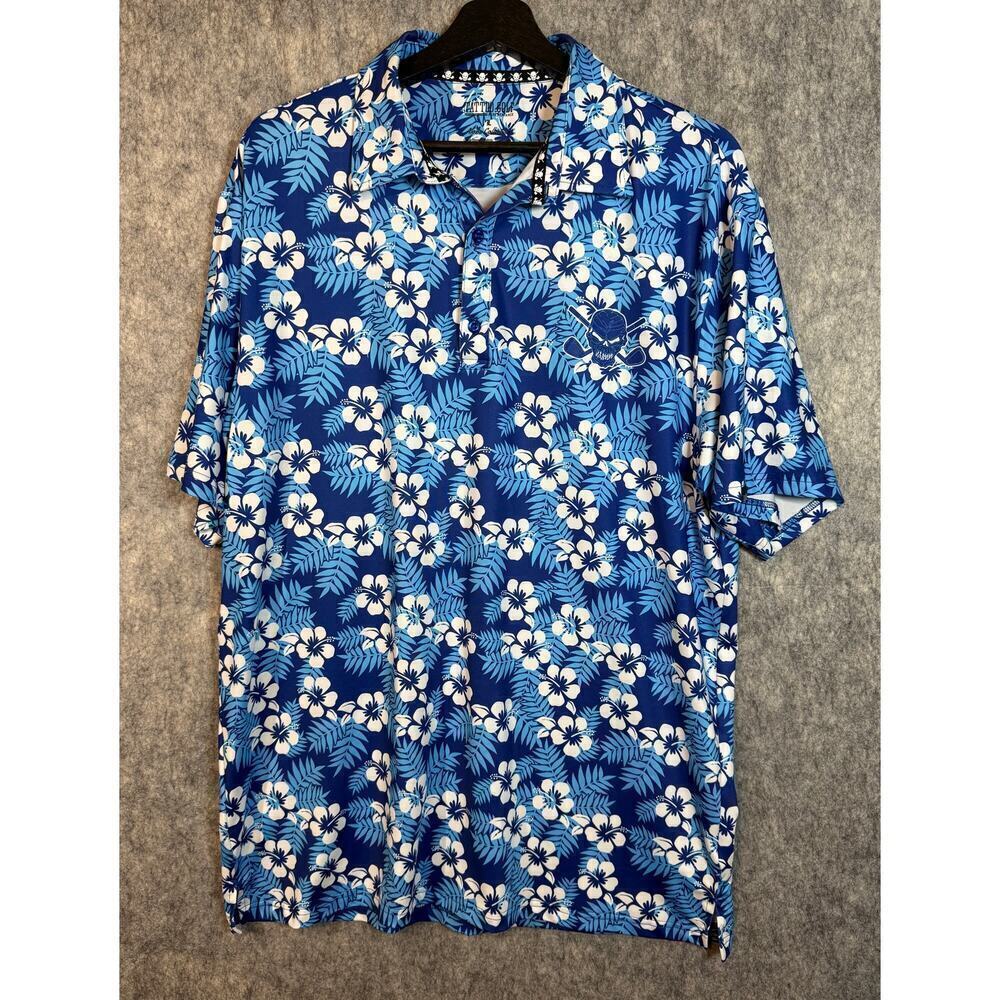 Tattoo Golf Men’s Large Aloha Collection Blue Floral Hawaiian Cooling Polo Shirt